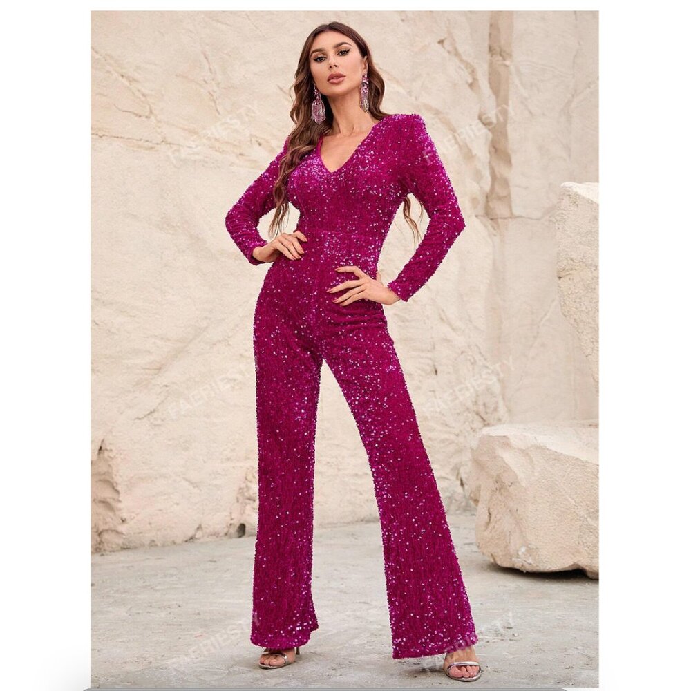 Hot Pink V Neck Sequin Flare Leg Jumpsuit - XL